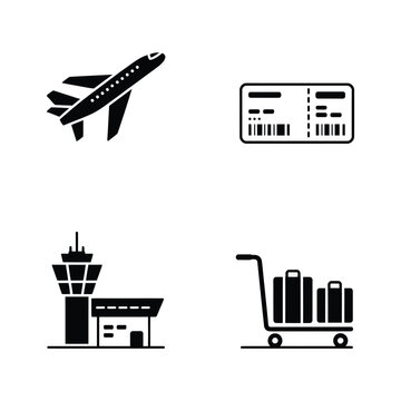 Airport icons: airplane boarding pass control tower luggage cart with air travel
