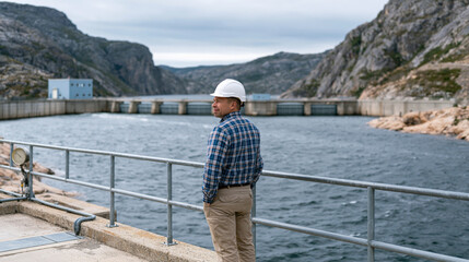 Fototapeta premium Engineer in a hard hat observes a dam reservoir surrounded by rocky mountains under cloudy skies.