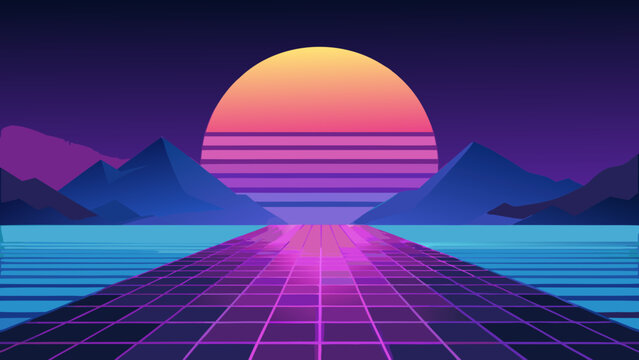 Retro-futuristic landscape with neon grid road over water and striped sunset behind mountains futuristic synthwave mountains landscape gradient abstract vaporwave 80s style perspective