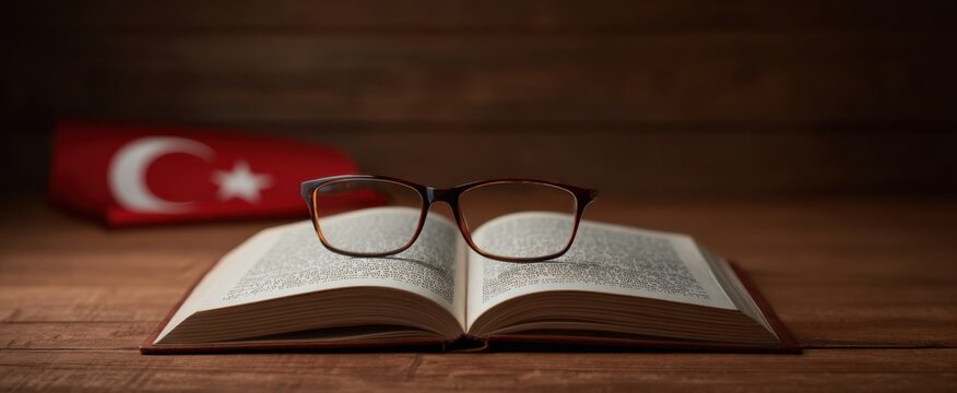 Turkey - Turkish language learning with an open book and glasses on a desk
