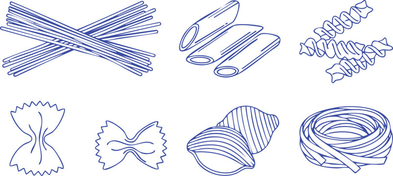 Blue line art illustrations of various pasta shapes on white background