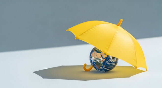 A yellow umbrella protecting a globe, symbolizing environmental care and global protection.