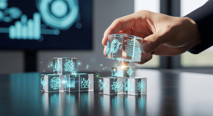 Fototapeta premium A male business professional manipulates holographic data cubes, representing technology and innovation in a modern office setting.