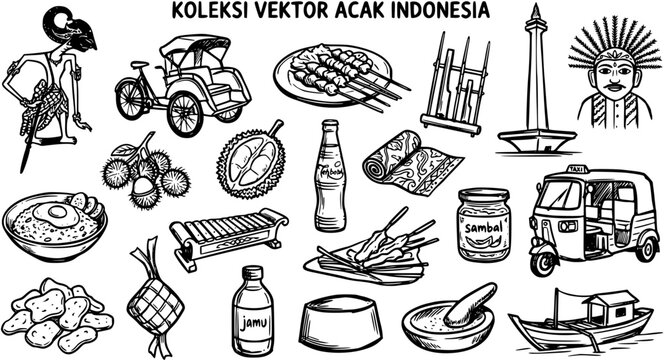 Hand-drawn Line Art Vector Collection of Indonesian Cultural Icons: Traditional Arts, Food, Transport, and Landmarks Sketch Set