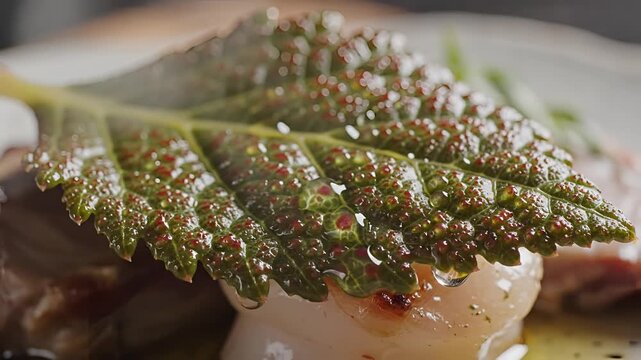 Closeup of a gourmet dish with a fresh herb garnish.
