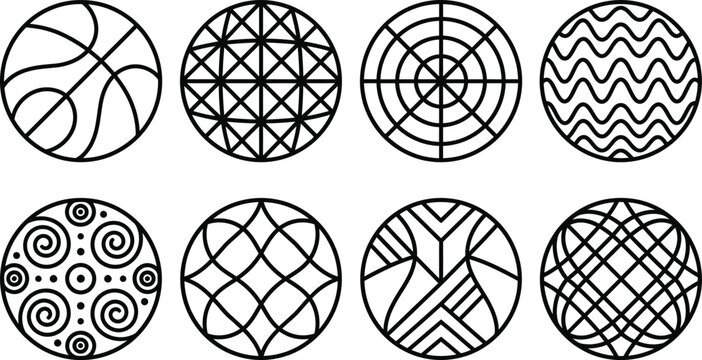 Geometric circular patterns collection black and white line art for modern design projects