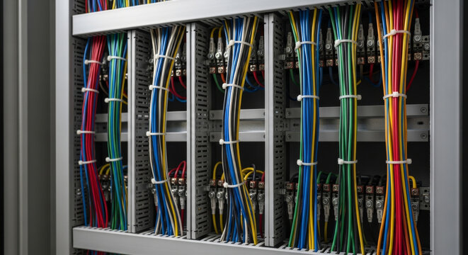 Close-up of neatly organized electrical wiring in a network cabinet, showcasing vibrant colors and structured layout.