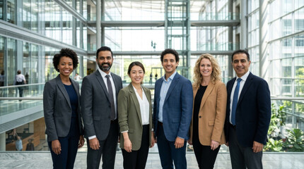 Obraz premium Diverse professional team posing in a modern office space, showcasing unity and collaboration among six colleagues.