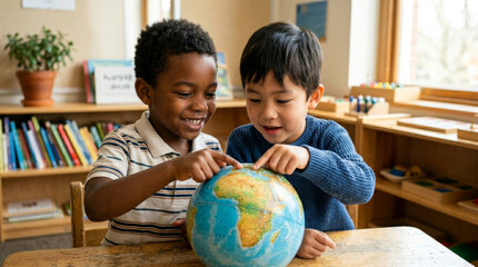 Fototapeta premium Two young boys, one Black and one Asian, joyfully explore a globe together, fostering a love for geography and friendship.