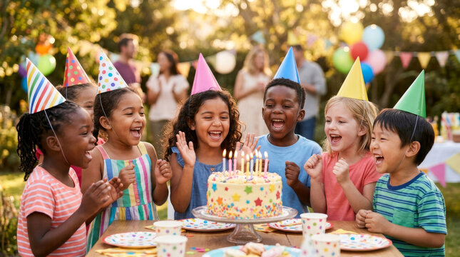 A joyful group of children celebrating a birthday party with colorful hats, laughter, and a decorated cake surrounded by friends.