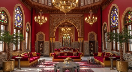 Obraz premium Luxurious Moroccan living room featuring ornate wooden arches and intricate stained glass window decorations at sunset