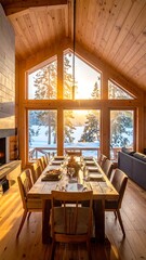 Fototapeta premium Cozy Wooden Dining Table Set in Sunlit Cabin Interior with Snowy Forest View