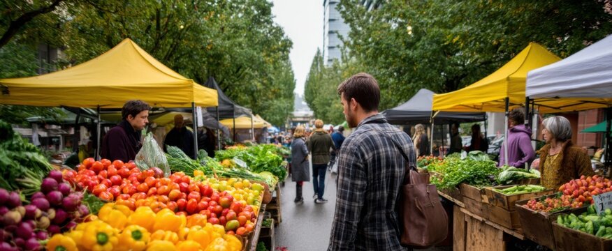 Buzzing urban farmers market bursting with vibrant organic produce and eager shoppers exploring fresh fruits