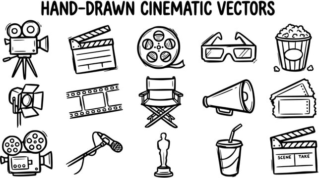 Hand-drawn cinematic vector icons set: film, movie, cinema equipment, black and white line art