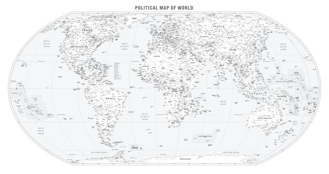 World Map with high detail. Labels of Countries, Capital and Other Cities, Rivers, Mountains, Seas and Oceans. Equal Earth Projection. Greyscale atlas map. Europe and Africa centered