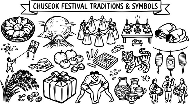 Black and White Line Art Illustration of Chuseok Festival Traditions and Symbols in Korea