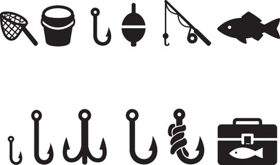 Fishing gear and various hooks solid silhouette icon set vector © Open Expression