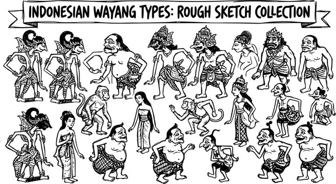 Indonesian Wayang Types Rough Sketch Collection - Traditional Puppetry and Folklore Characters Black and White Line Art