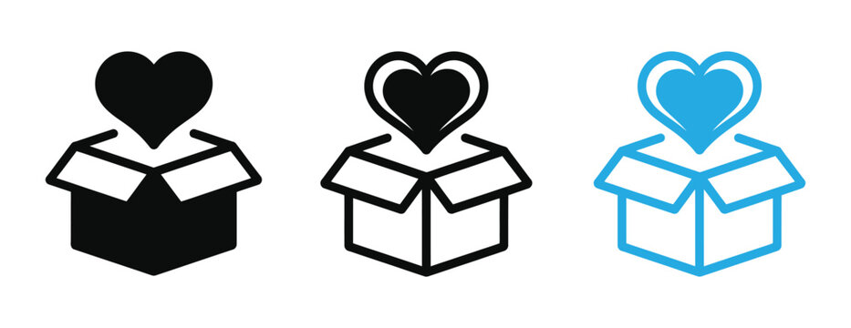 Heart coming out of opened boxes in black and blue icon set for love gift giving vector illustration