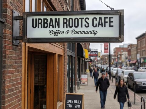 Urban roots cafe sign with busy city street