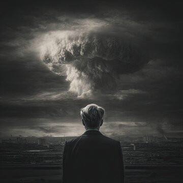 Back View of Man Observing Dramatic Mushroom Cloud Over City Skyline in Moody Black and White