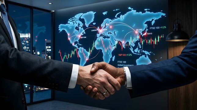 Businessmen shaking hands after a successful global deal with stock market graphics