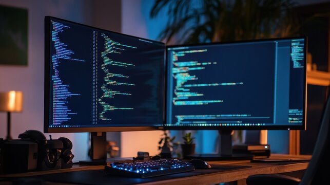 Coding on dual monitors at night in a dark room