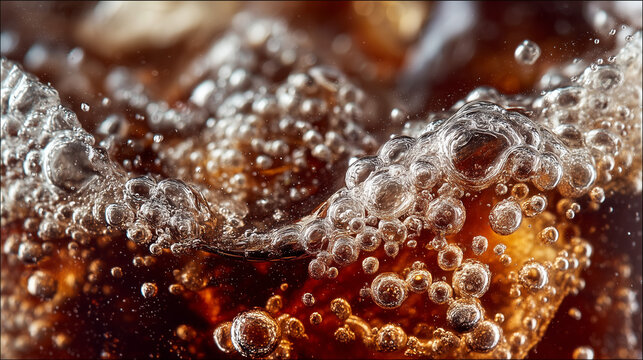 Close-up of fizzy cola drink with ice cubes and bubbles rising to the surface.
