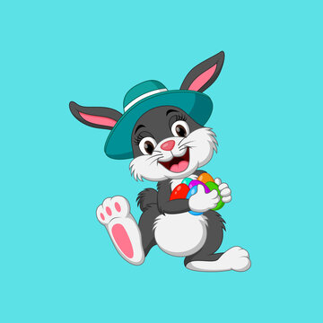 Cute Easter Bunny Cartoon Character Wearing Hat and Holding Colorful Eggs