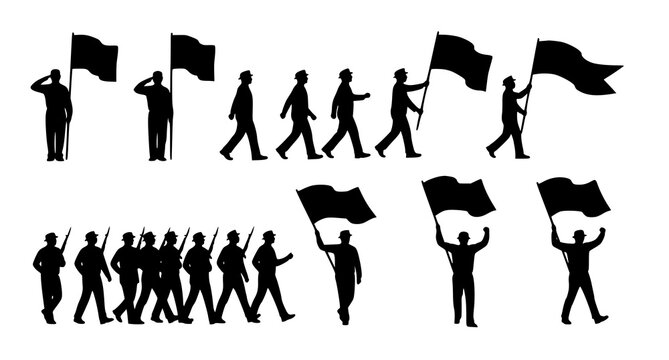 Group of soldiers with flags performing marching drills in silhouette vector illustration set against plain white background