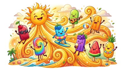 Obraz premium Fruit Shaped Popsicles Enjoying Tropical Beach Day Under Golden Sun