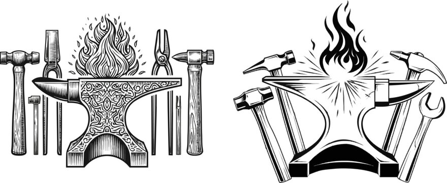 A detailed woodcut engraving depicts an intricately designed blacksmith anvil surrounded by burning sparks and various heavy tools, rendered in classic crafted textures with sharp vector-ready