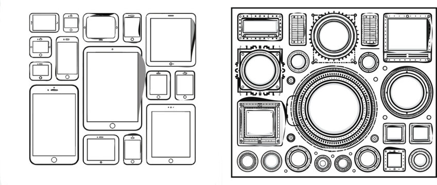 The user onboarding checklist system wireframe matrix for a complex software application features a clean geometric shapes design with distinct line boundaries and a pure white background