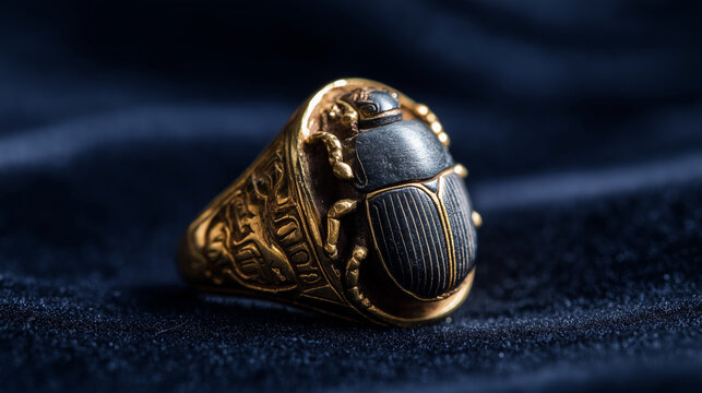 khepri. Ornate scarab beetle gemstone seal ring on black velvet with detailed carving. wildlife magazines, conservation campaigns, designed for eco-tourism storytelling, used by recruiters.