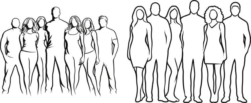 A clean, black-and-white vector illustration of diverse human silhouettes stands tall together on a pure white background, celebrating body positivity with sharp borders and inclusive themes