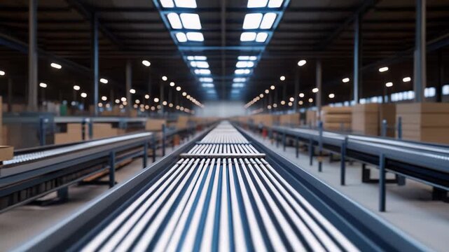 Roller conveyor belt system quickly moving cardboard boxes along a production line inside a large distribution center, highlighting efficient logistics and automated inventory management