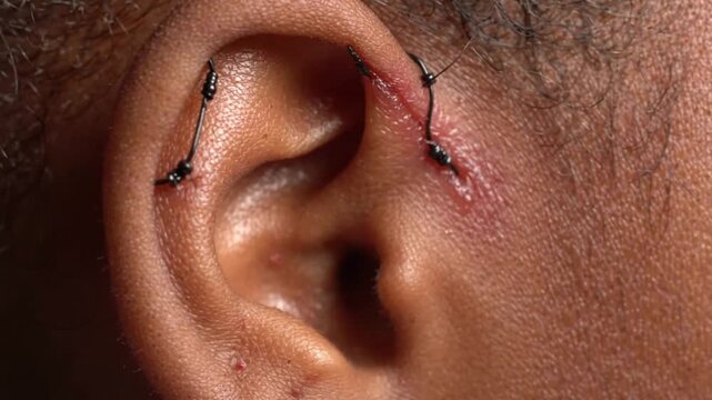 Closeup of a human ear with surgical sutures after a procedure