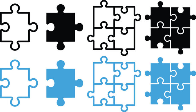 Puzzle piece set black and blue variations single and four piece combinations