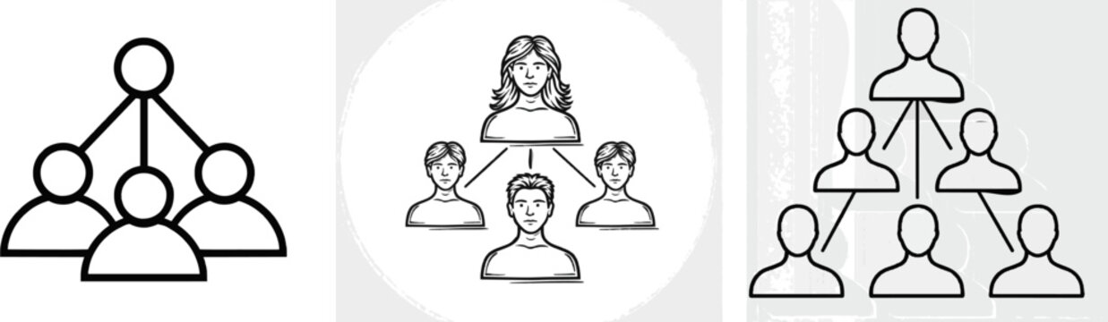 A professional and descriptive sentence for the given context could be: This micro-icon represents user role management with clear hierarchical silhouettes and permissions, set against a clean white