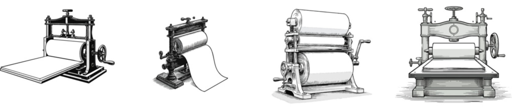 A traditional heavy book press with intricate engraving flattens sheets of handmade paper, showcasing premium stationery craft brands crisp solid black lines on a white background