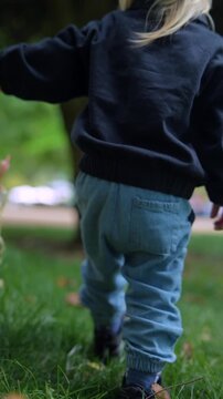 Infant roams through lively green spaces with inquisitive gaze