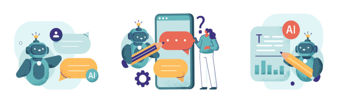 Chatbot and AI communication with people and smartphones artificial intelligence chat bubbles online service question mark customer service social media digital assistant customer support