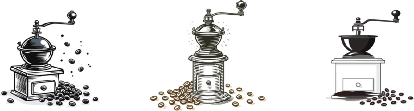 A vintage woodcut of a hand-cranked coffee grinder with coffee beans spilling around it, rich in historical textbook textures and rugged carved linework, set against a clean white background