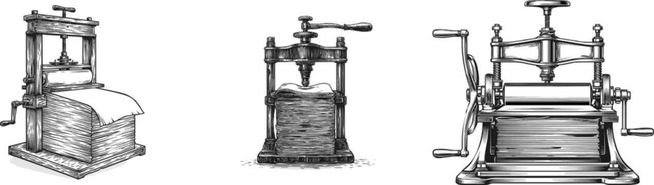 A Linocut-style black-and-white illustration depicts an old-fashioned manual bookbinding press compressing thick handmade parchment pages with heavy ink textures and organic rustic lines on a white