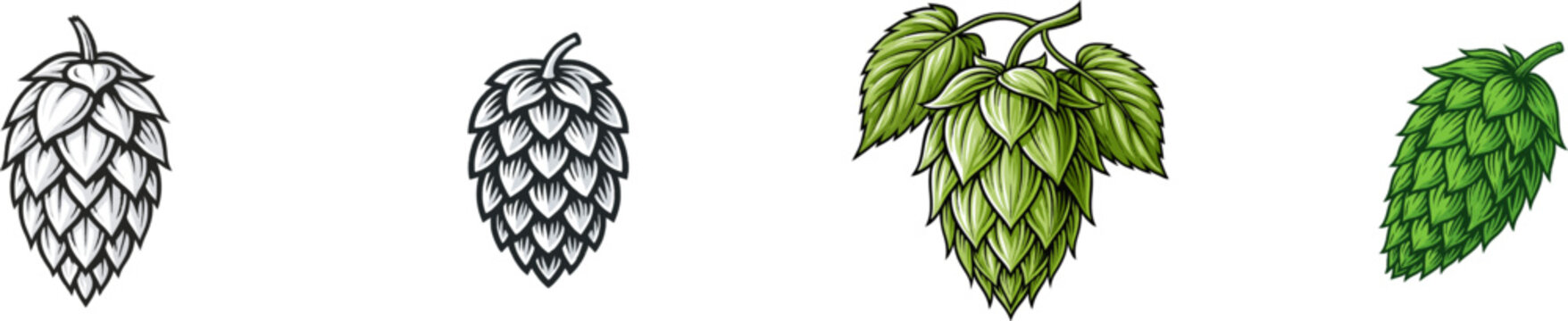 This intricate woodcut illustration of a ripe green hops cone showcases deep shadows and layered scales, exuding an authentic handmade feel with solid black ink on a pure white background