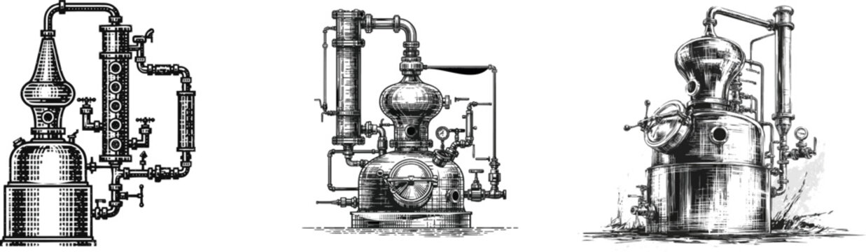 A vintage scratchboard-style copper distillery still with intricate pipes and heat valves, rendered in premium craft beverage branding aesthetics, exudes an artisanal elegance against a solid black