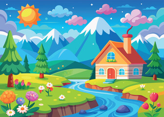 Obraz premium Colorful cartoon landscape with mountains, river, house, trees, flowers, sunny sky, and whimsical clouds vector