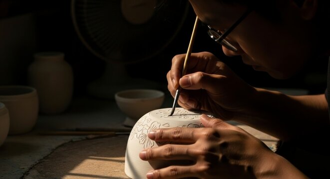 Artisan painting detailed pattern on ceramic bowl indoors with sunlight