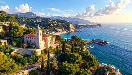 Naklejka premium Idyllic Mediterranean Coastal Town with Historic Villa and Azure Sea