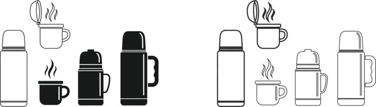 Thermos flask and hot beverage icon set black and white vector illustration